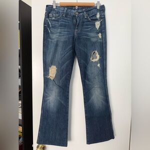 7 For All Mankind Distressed Dark Blue Flare Jeans